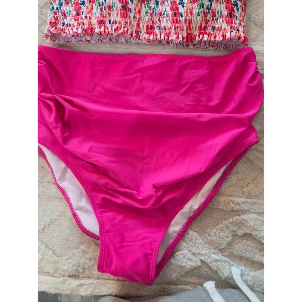 Summer Mae Maternity Bikini Set Floral Smocked Top High Waist Pink Size S NEW